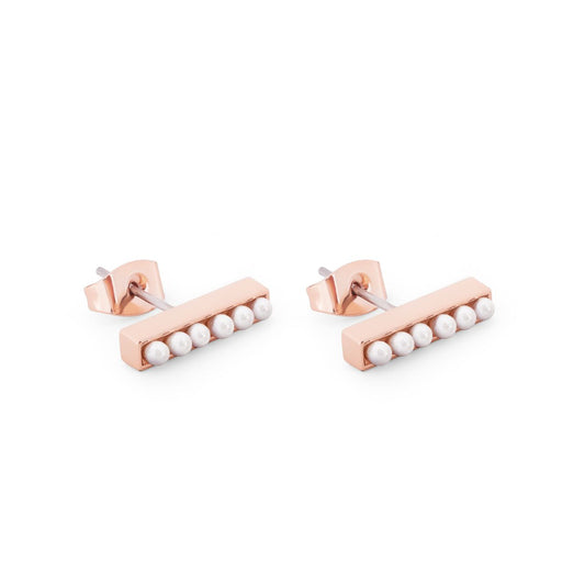 T-Bar Stud Earrings Rose Gold Set With Pearls by Tipperary  Tipperary's T-Bar Stud Earrings are a timeless design made with the finest rose gold and set with lustrous pearls. Their classic elegance will add sophistication to any wardrobe.