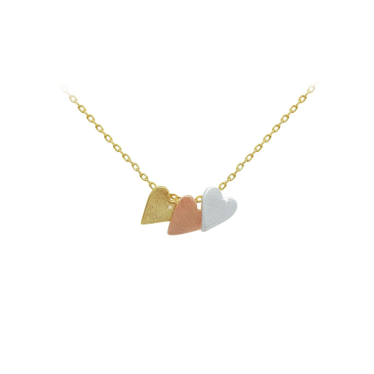 Show your love with this trio of sweet hearts. Fashioned in warm yellow gold, silver and rose gold the triple-heart design features three hearts with a brushed metal effect freely sliding along a brightly polished yellow gold cable chain.