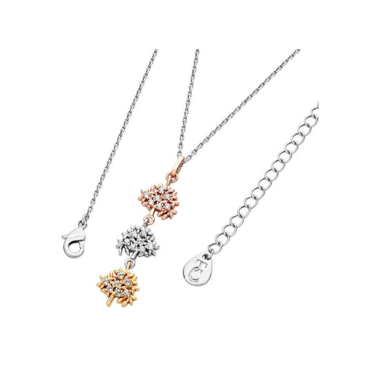 This trinity of metals includes Gold, Silver and Rose Gold on a stunning pendant. Each Tree of life icon is embellished with Clear crystals and slides on a polished bale. The delicate chain is closed using a lobster clip and TC Fob finishes.