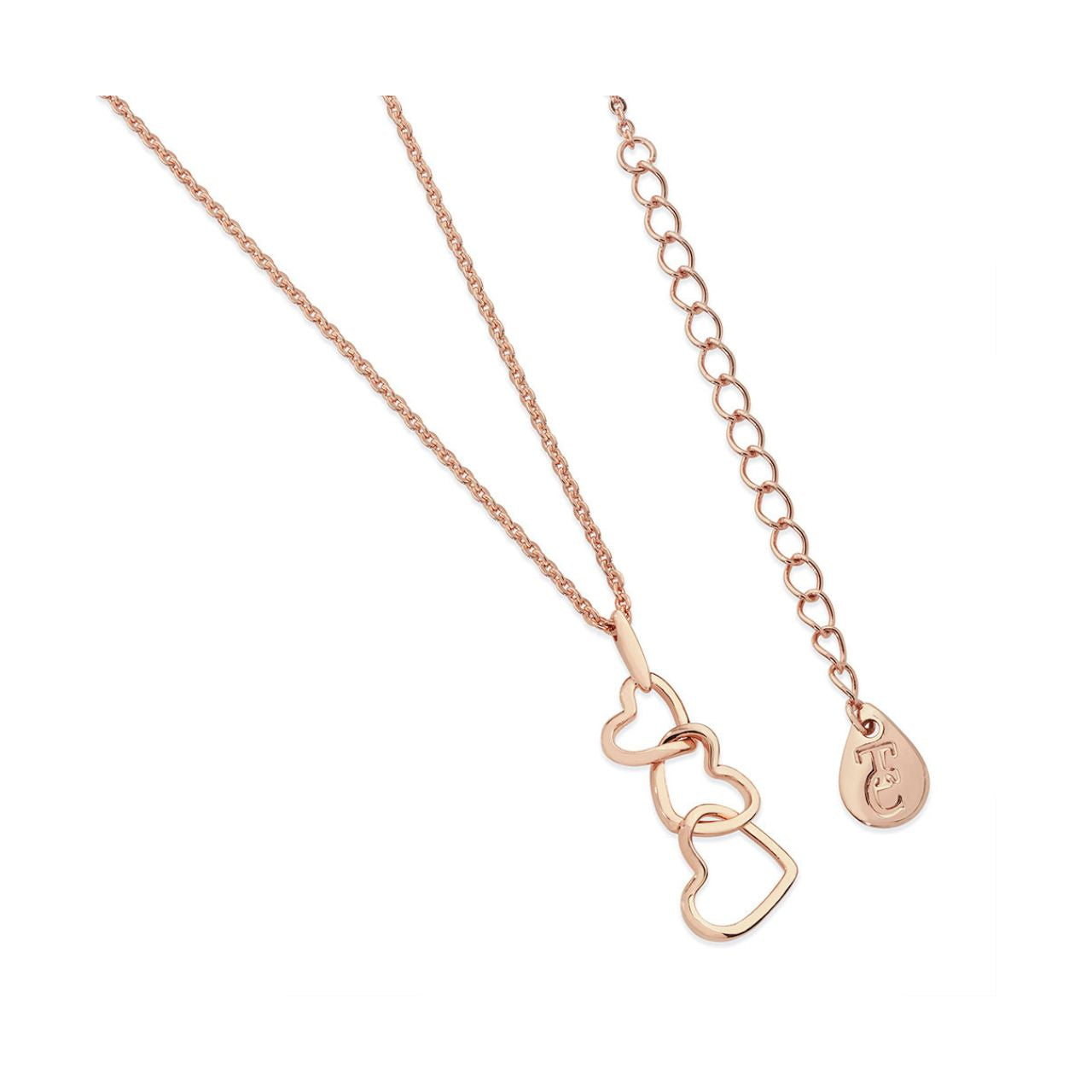 In soft, romantic rose gold this dainty heart pendant is the perfect way to say “I love you”. Three graduating open hearts are interlinked in a clever linear drop which suspends from a sleek bale which runs freely along a cable chain.