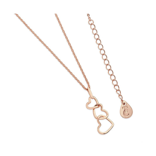 In soft, romantic rose gold this dainty heart pendant is the perfect way to say “I love you”. Three graduating open hearts are interlinked in a clever linear drop which suspends from a sleek bale which runs freely along a cable chain.
