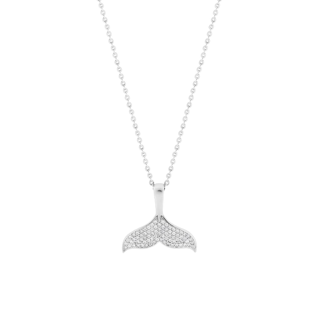 Dive into oceanic elegance with this stunning Pave Whale Tail Silver Plated Pendant from Tipperary. Crafted with meticulous detail, the whale tail design features shimmering pave-set stones that catch the light beautifully, creating a mesmerising sparkle.