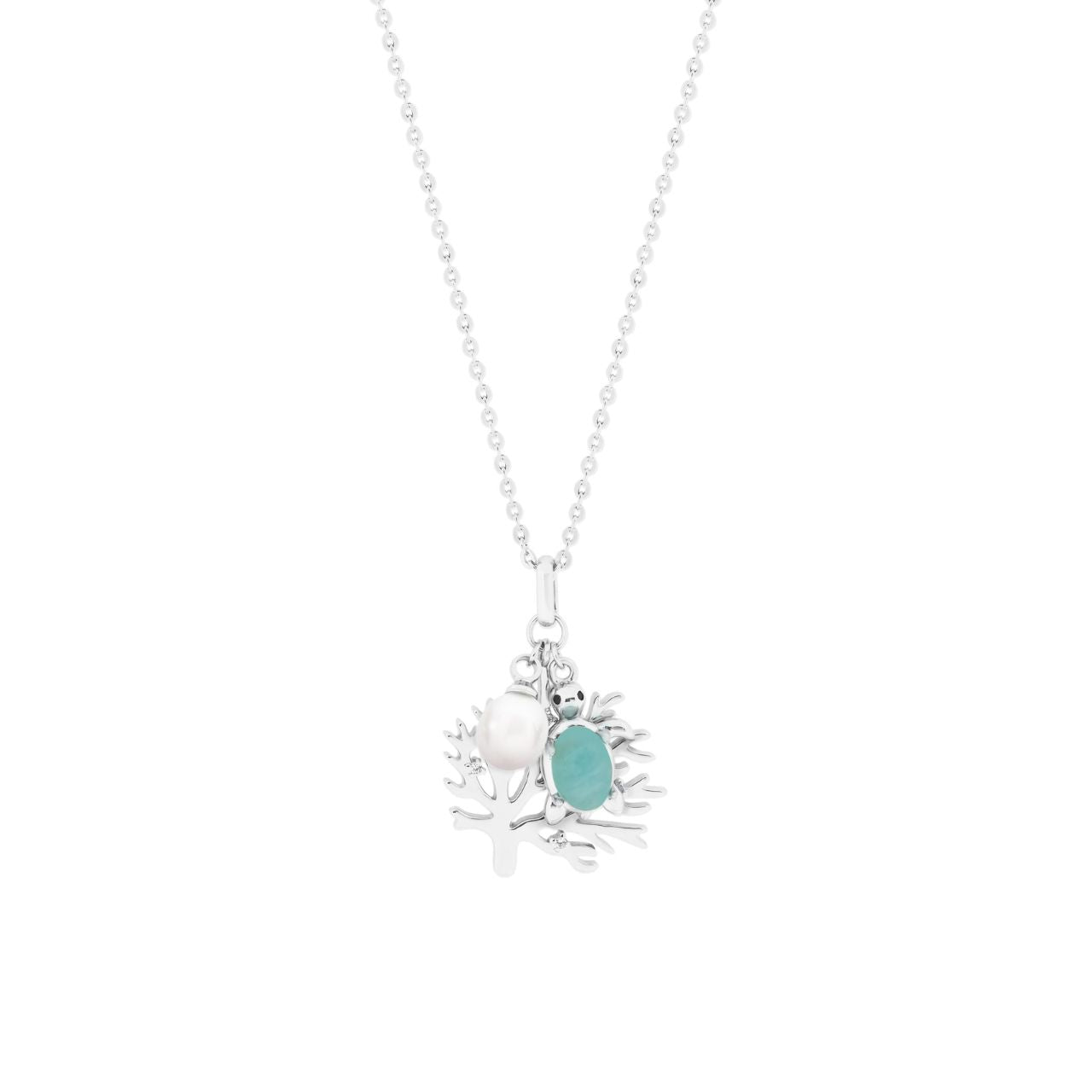 Dive into oceanic elegance with this stunning Under The Sea pendant, where craftsmanship meets natural beauty. Featuring a graceful turtle, vibrant coral, and lustrous pearl, each element captures the serene wonder of the sea.
