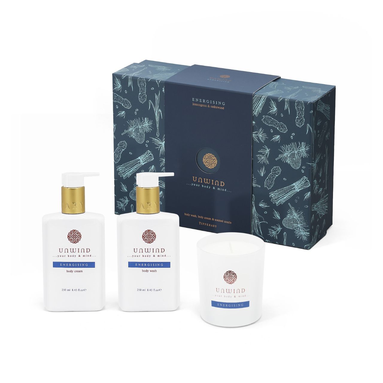 Unleash vitality with our Energising Body wash, Body cream and Candle set, a dynamic addition to the Unwind skincare collection. Immerse your senses in the refreshing fusion of lemongrass and the calming touch of cedarwood, transforming your self-care routine.