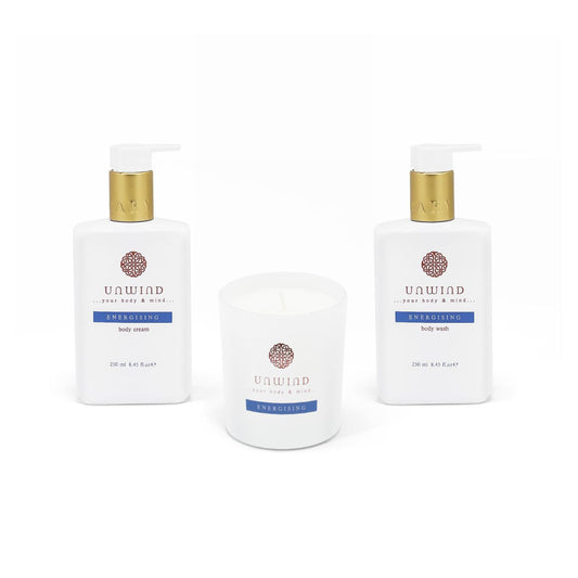 Unleash vitality with our Energising Body wash, Body cream and Candle set, a dynamic addition to the Unwind skincare collection. Immerse your senses in the refreshing fusion of lemongrass and the calming touch of cedarwood, transforming your self-care routine.