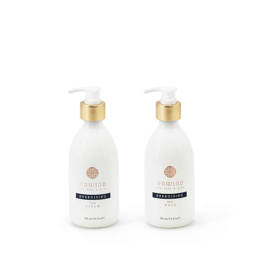 Unleash vitality with our Energising hand wash and hand cream, a dynamic addition to the Unwind skincare collection. Immerse your senses in the refreshing fusion of lemongrass and the calming touch of cedarwood, transforming your self-care routine. Each set includes two 290ml bottles, featuring convenient pump applicators for effortless use.