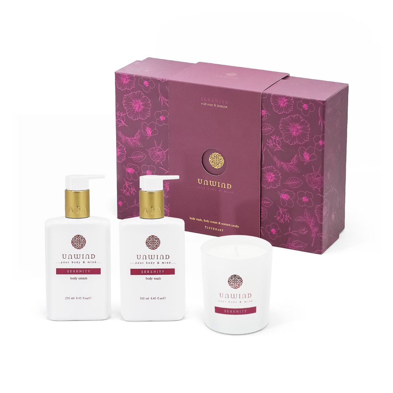 Enhance your skincare routine with the Serenity Body wash, Body cream and Candle set from our Unwind collection. Infused with the timeless fragrance of roses and jasmine, this hand wash offers a sensory journey that soothes both body and soul.
