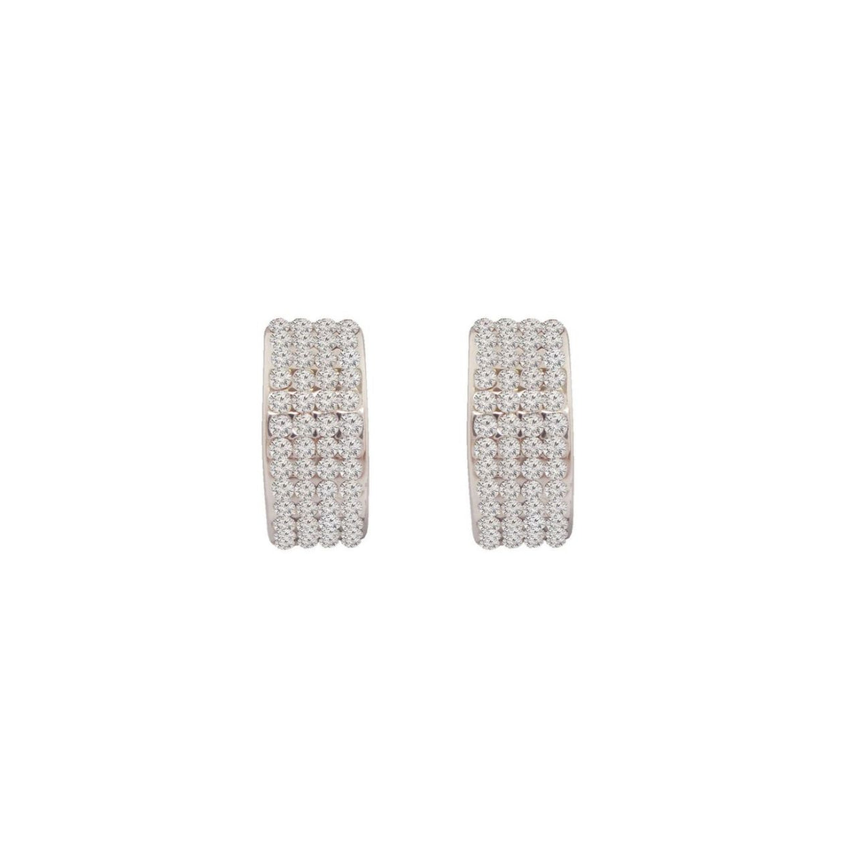 These simple curved rectangular post earrings glisten radiantly with every movement. Crafted in cool silver each dazzling earring features four vertical rows of scintillating round clear crystals. Each stone has been cut to enhance it’s clarity and shine. These earrings secure comfortably with push backs.
