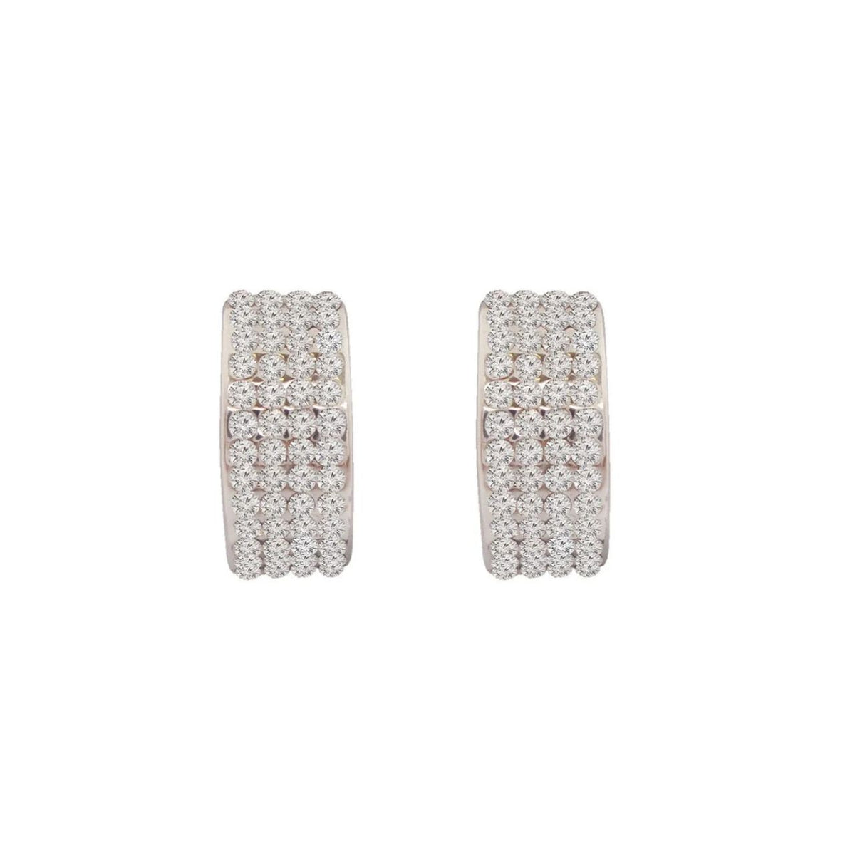 These simple curved rectangular post earrings glisten radiantly with every movement. Crafted in cool silver each dazzling earring features four vertical rows of scintillating round clear crystals. Each stone has been cut to enhance it’s clarity and shine. These earrings secure comfortably with push backs.