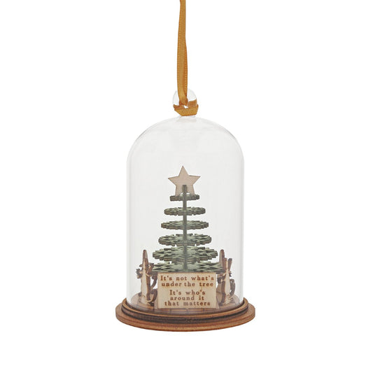 Together at Christmas Hanging Ornament  The Spirit of Christmas. A collection of delightful wooden decorations that capture the essence of that special time of year. This glass dome, Christmas decoration encases a Christmas tree, adorned with a bunch of friendly mice, a wooden star and ribbon to help hang off your Christmas tree.