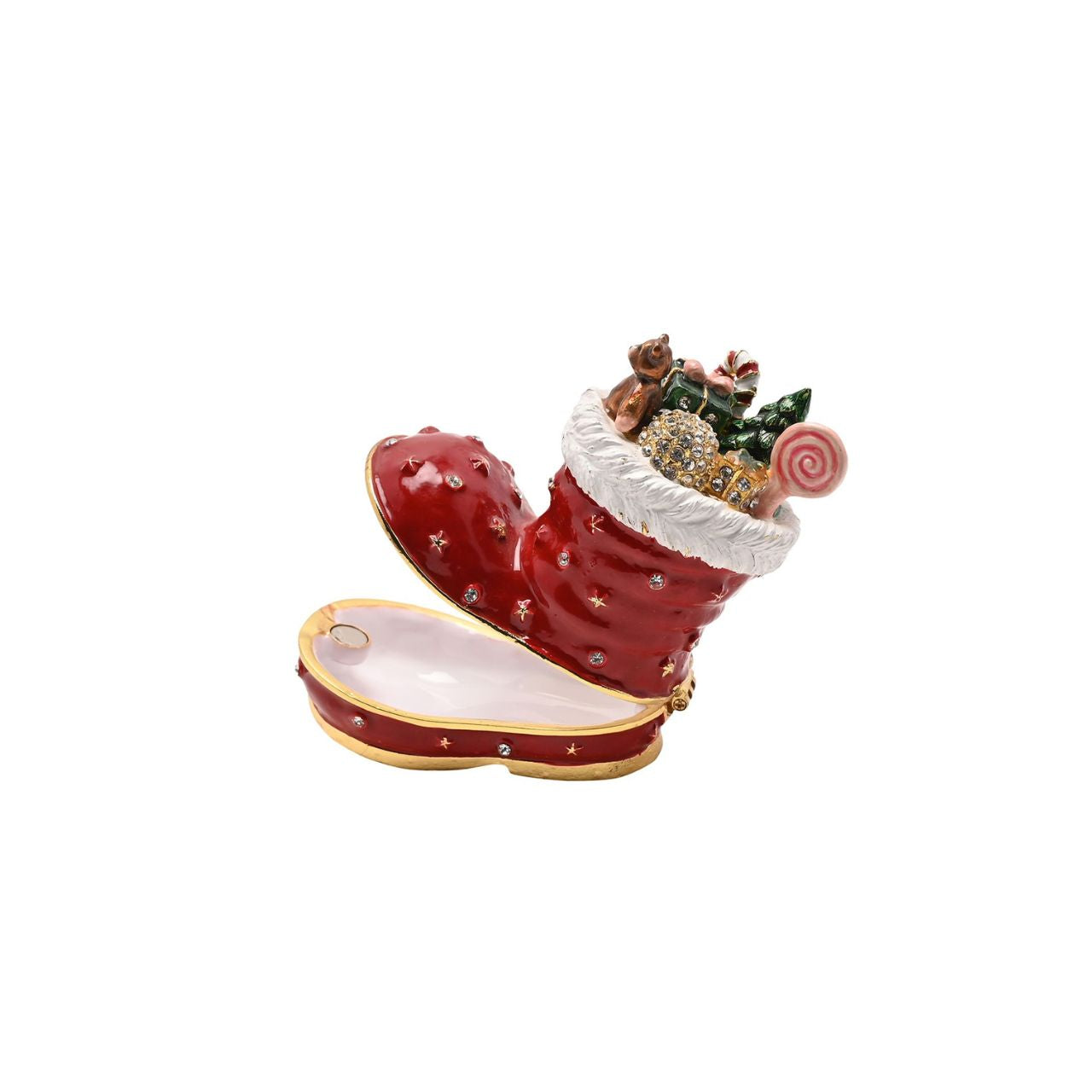Brighten your shelves this Christmas with this wonderfully cheerful handpainted Christmas boot Treasured Trinket box. From the Christmas Treasured Trinkets range, part of the Royal Affair collection by Santa's Workshop - step into an opulent Christmas fairy tale.