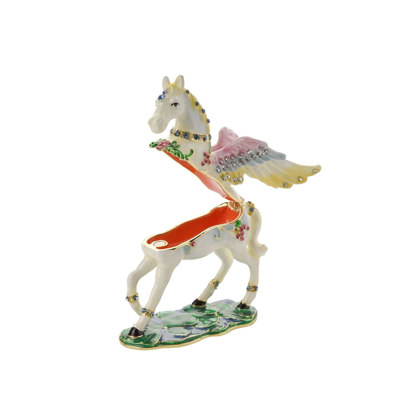 Unveil the enchanting beauty of the Treasured Trinkets - Pegasus by STRATTON, a captivating and elegantly crafted trinket box designed to add a touch of mythical charm to a collection.