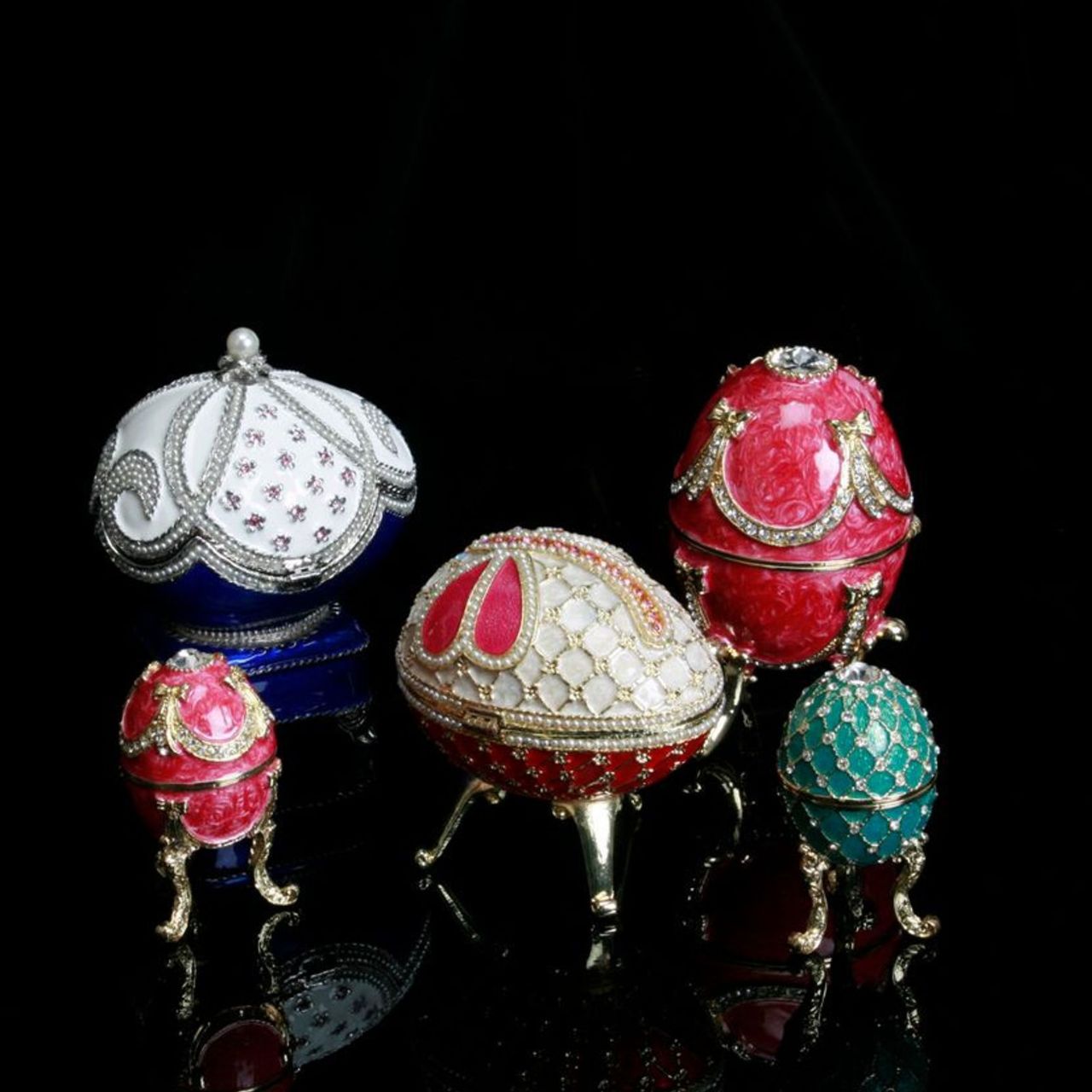A beautiful, hand painted and crystal finished Fabergé Egg style Trinket Box from Treasured Trinkets.