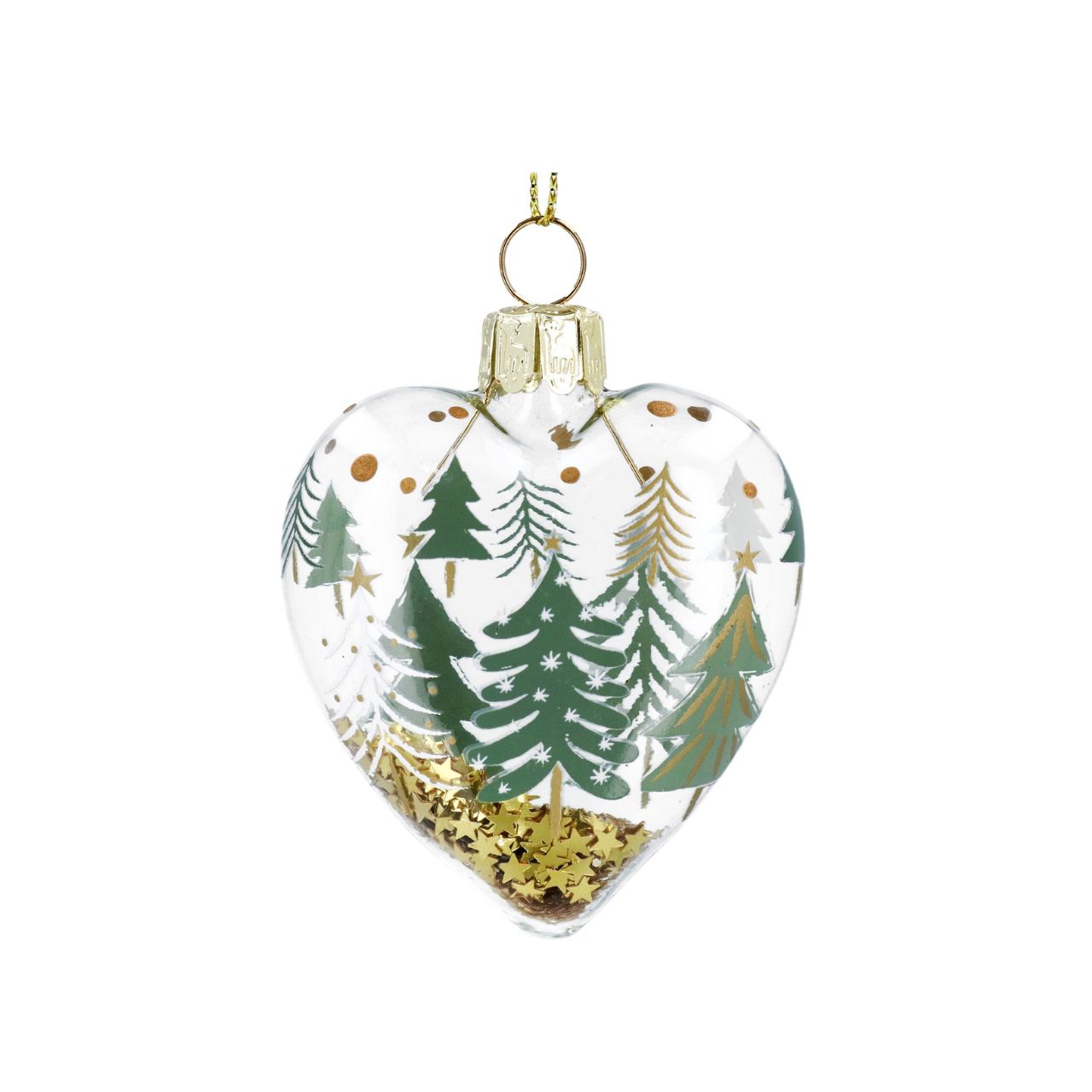 Elevate your holiday decor with the Gisela Graham Trees &amp; Conifers Clear Heart Christmas Bauble. Crafted with delicate artistry, its transparent heart design delicately encases an elegant forest motif, bringing a refined natural charm to your tree.