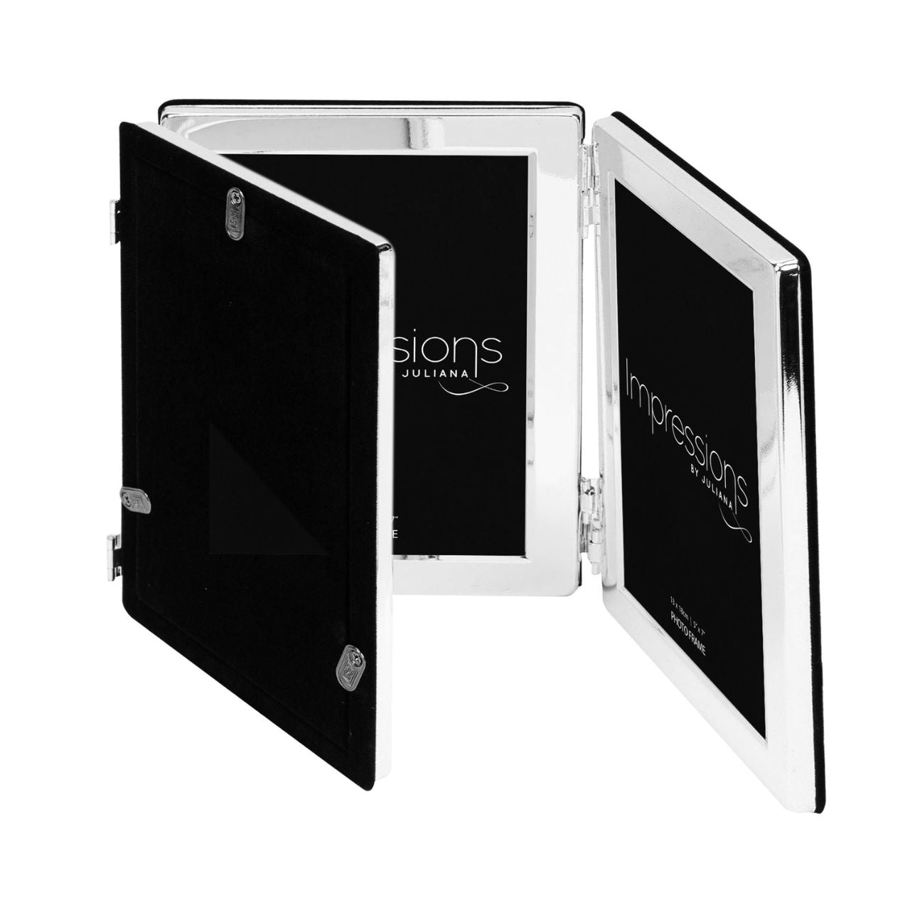 A hinged silver plated triple aperture photo frame from IMPRESSIONS by Juliana.
Each of the three apertures measures 5" x 7". Complete with standing strut and branded packaging.