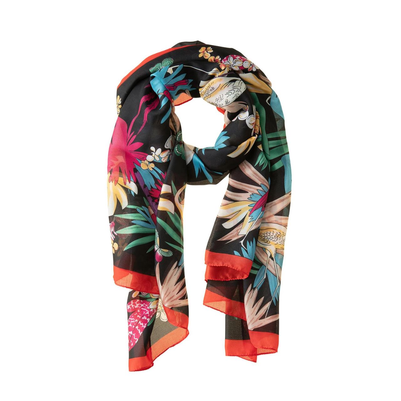 Tropical Birds Polyester Scarf  Our Tropical Birds Polyester Scarf is the perfect rich colour that will draw attention and complement any outfit. This rich, soft and comfortable scarf is a must have and also comes in a beautiful box ready for gifting. A touch of luxury for everyday life and perfect for all seasons.