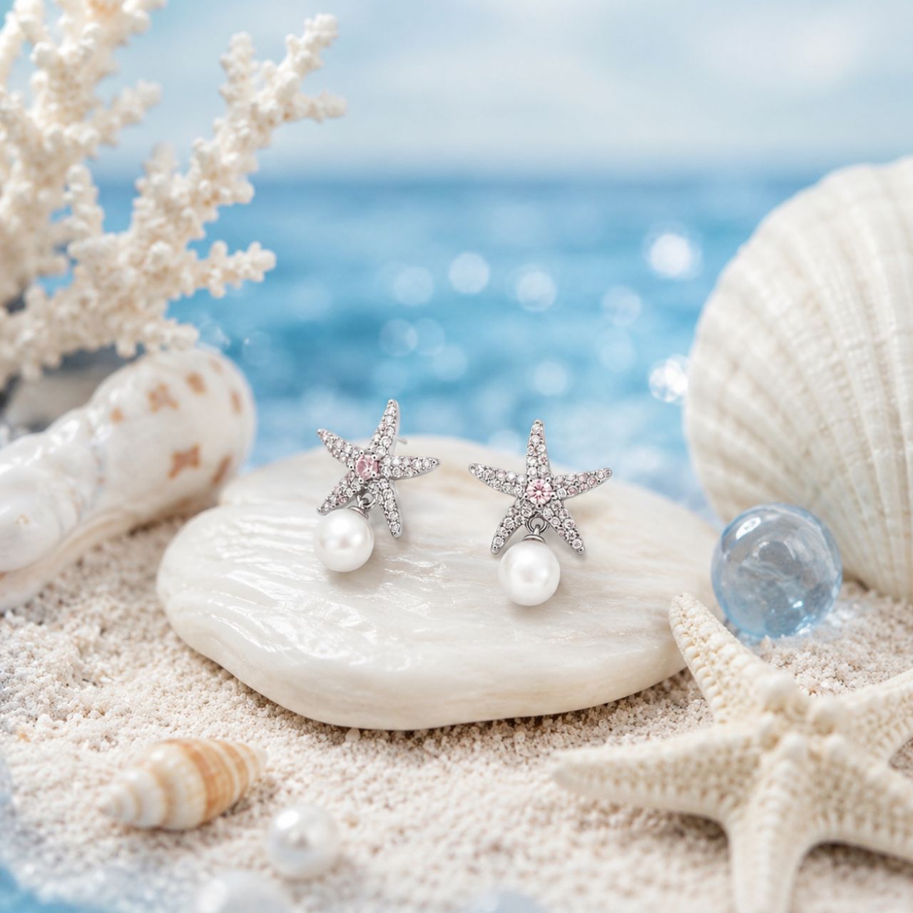 Combining classic ocean motifs with a touch of elegance, these stud earrings feature a beautifully sculpted starfish pavé-set with shimmering clear stones across its five arms.