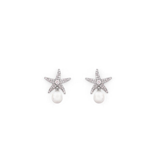 Combining classic ocean motifs with a touch of elegance, these stud earrings feature a beautifully sculpted starfish pavé-set with shimmering clear stones across its five arms.