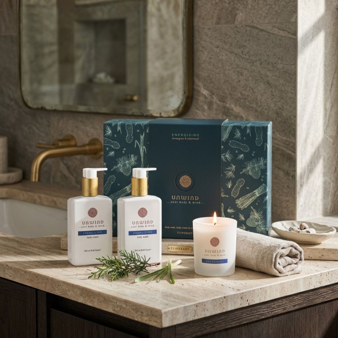 Unleash vitality with our Energising Body wash, Body cream and Candle set, a dynamic addition to the Unwind skincare collection. Immerse your senses in the refreshing fusion of lemongrass and the calming touch of cedarwood, transforming your self-care routine.