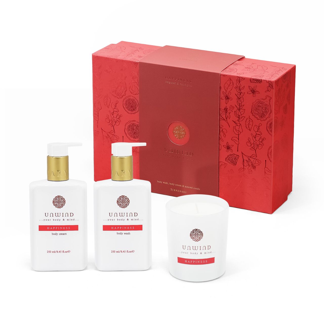 Designed with an uplifting blend of fresh citrus, delicate florals, and invigorating herbs, this Body wash, Body cream and Candle set is a true celebration of joy for both your skin and senses. Happiness goes beyond ordinary skincare, infusing your self-care routine with a burst of positivity.