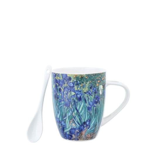 Ceramic mug with spoon perfect for drinking your coffee or tea. Based on the famous painting "Iris" by Dutch Post-Impressionist painter Vincent Van Gogh.