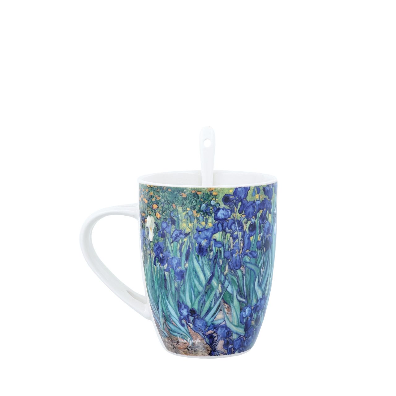 Ceramic mug with spoon perfect for drinking your coffee or tea. Based on the famous painting "Iris" by Dutch Post-Impressionist painter Vincent Van Gogh.