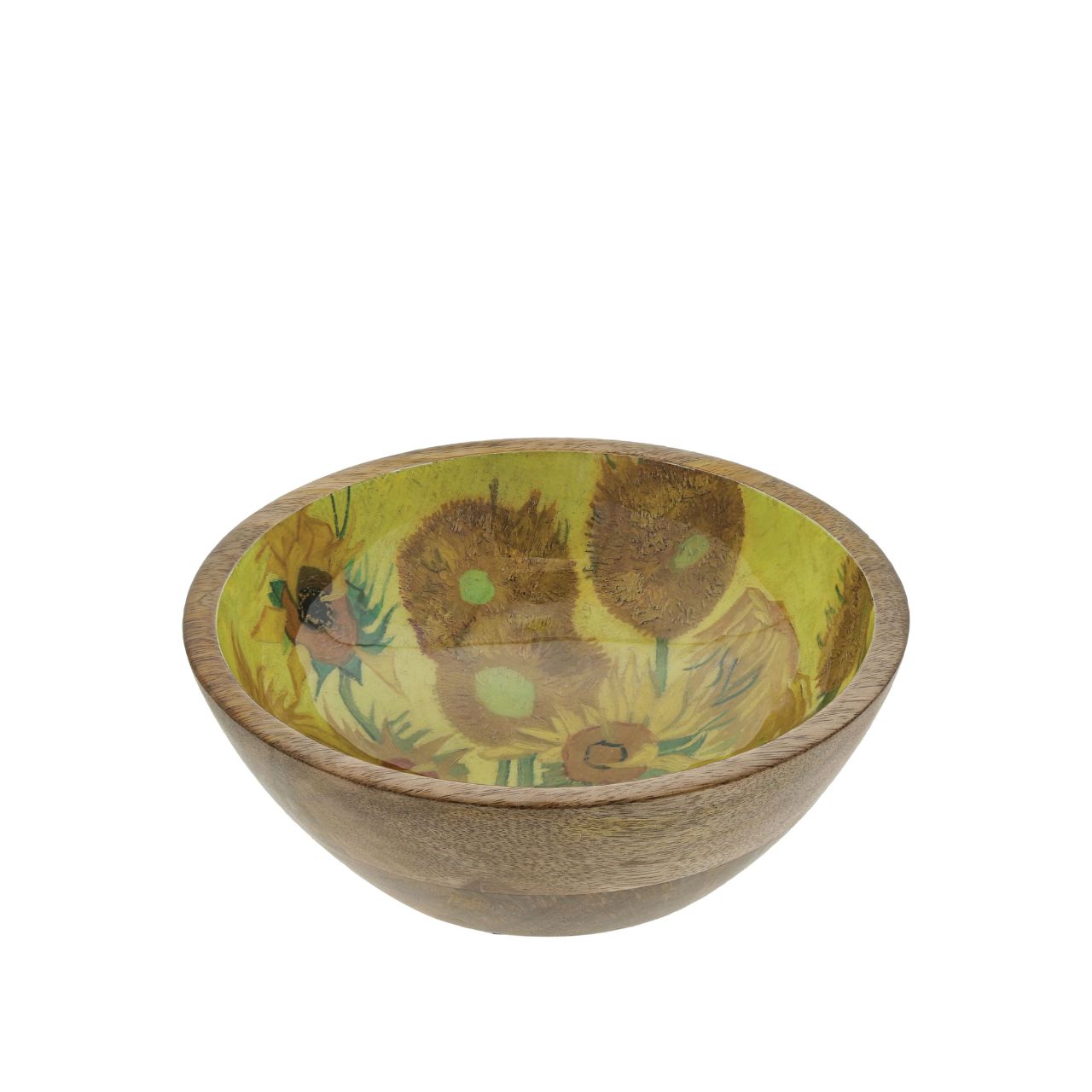 Beautiful round wooden dish with a beautiful varnished print in the center. Can be used as a trinket tray, fruit basket, or any other decorative, practical or food use. Based on the famous painting "Sunflowers" by Dutch Post-Impressionist painter Vincent Van Gogh.