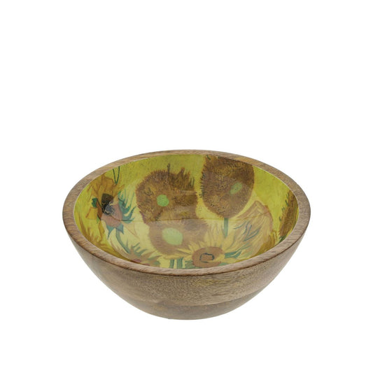 Beautiful round wooden dish with a beautiful varnished print in the center. Can be used as a trinket tray, fruit basket, or any other decorative, practical or food use. Based on the famous painting "Sunflowers" by Dutch Post-Impressionist painter Vincent Van Gogh.