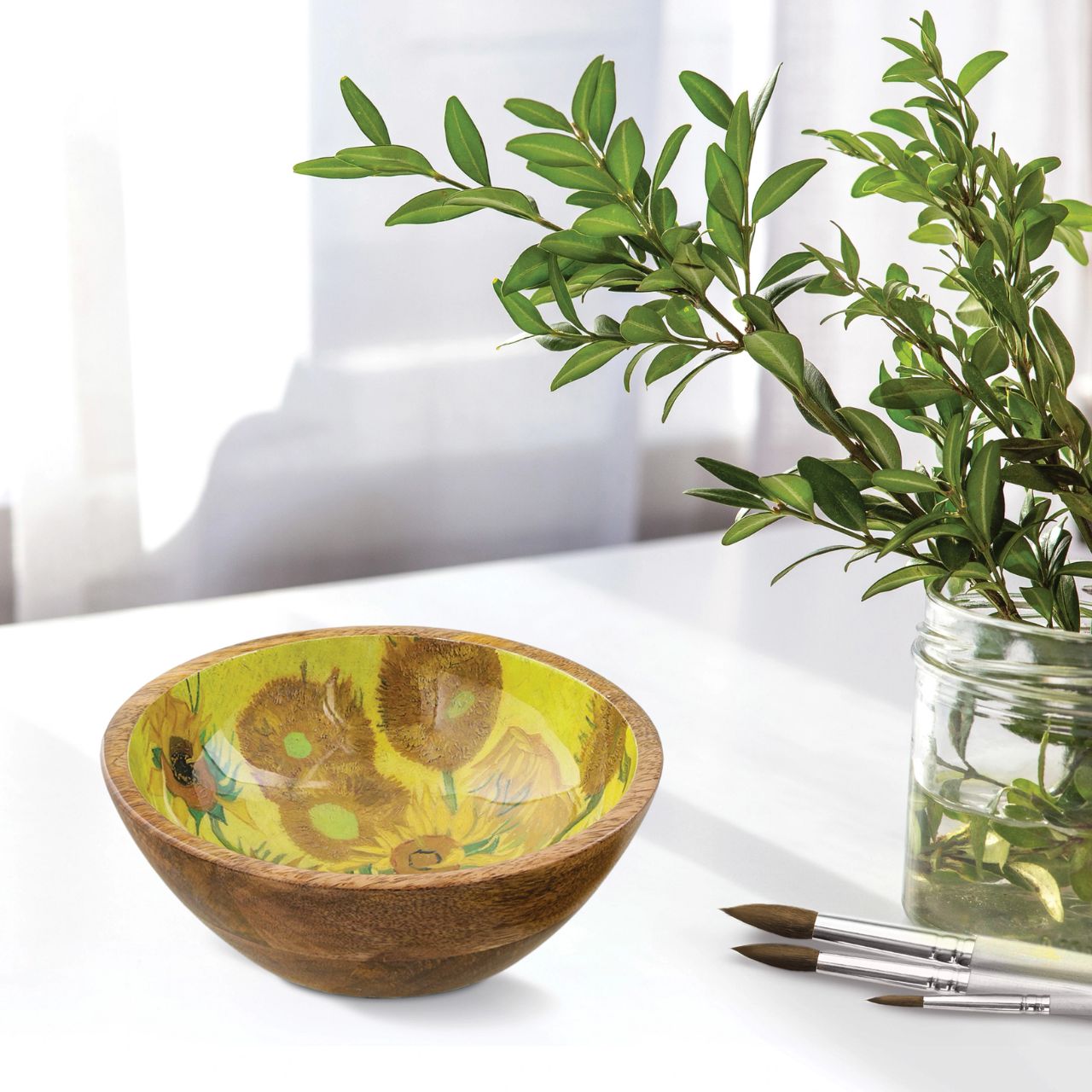 Beautiful round wooden dish with a beautiful varnished print in the center. Can be used as a trinket tray, fruit basket, or any other decorative, practical or food use. Based on the famous painting "Sunflowers" by Dutch Post-Impressionist painter Vincent Van Gogh.