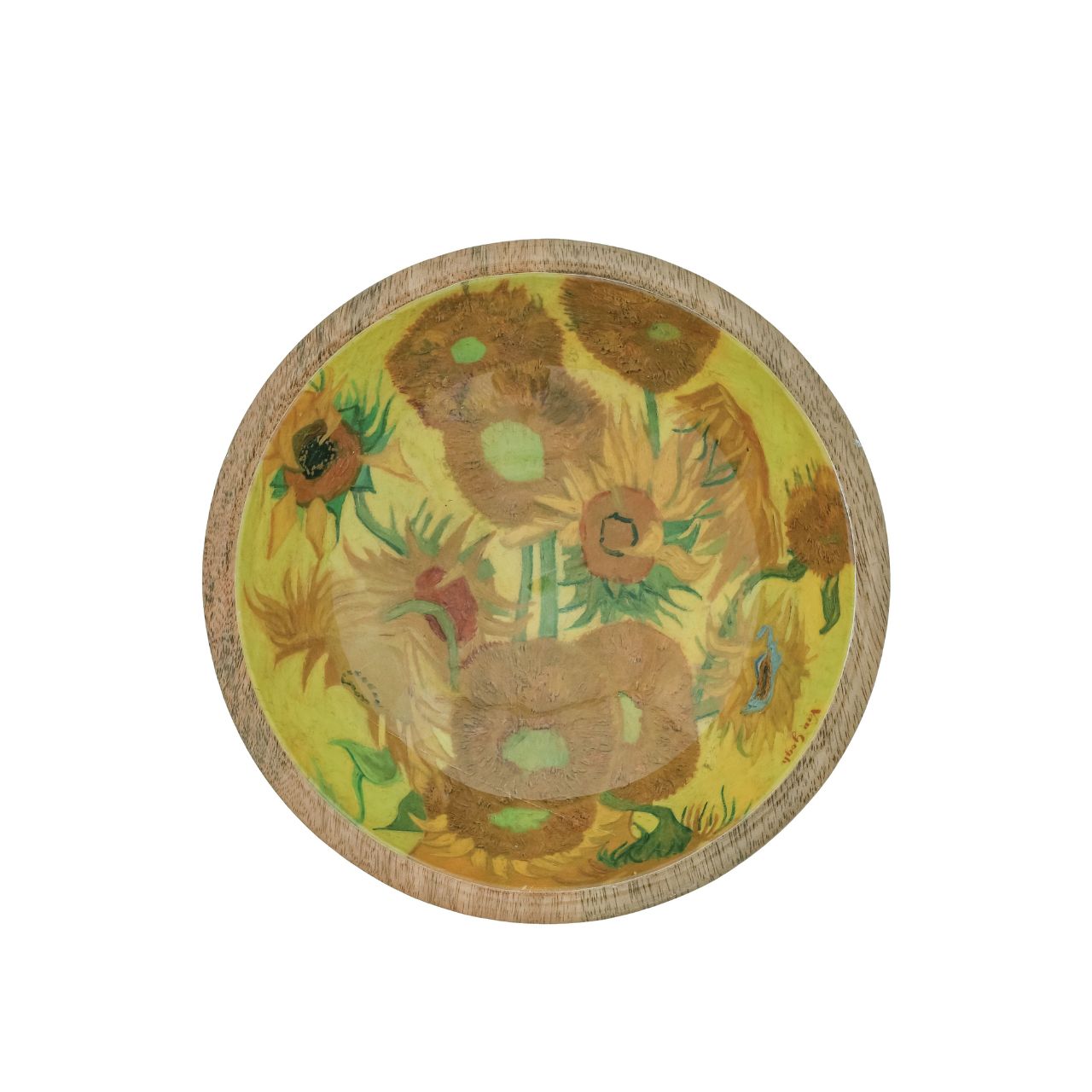 Beautiful round wooden dish with a beautiful varnished print in the center. Can be used as a trinket tray, fruit basket, or any other decorative, practical or food use. Based on the famous painting "Sunflowers" by Dutch Post-Impressionist painter Vincent Van Gogh.