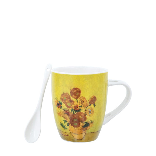 Ceramic mug with spoon perfect for drinking your coffee or tea. Based on the famous painting "Sunflower" by Dutch Post-Impressionist painter Vincent Van Gogh.