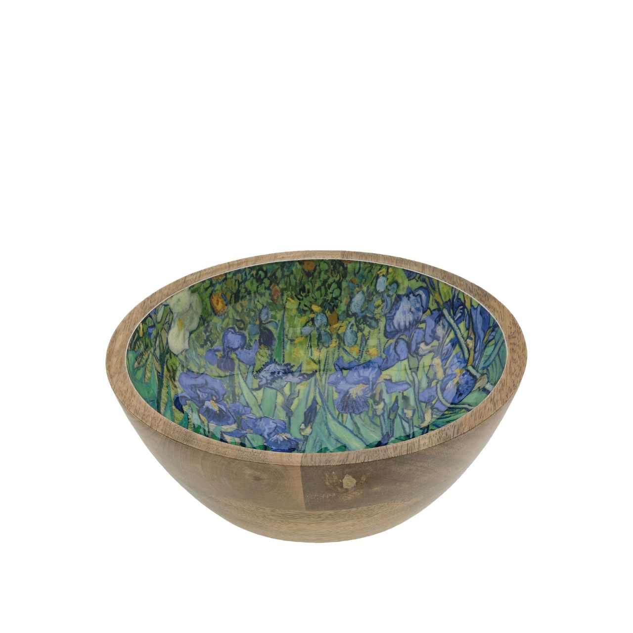 Beautiful round wooden dish with a beautiful varnished print in the centre. Can be used as a trinket tray, fruit basket, or any other decorative, practical or food use.
