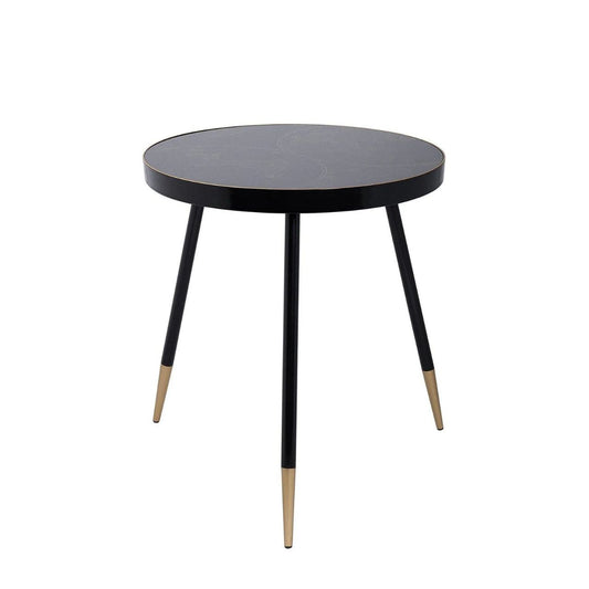 Black painted surround and leg with gold tip, 60 cm diameter side table with black &amp; antiqued gold world map pattern top with acrylic overlay. Can be styled solo or as part of a collaboration with the Palm, Bellatrix &amp; Vega side tables for the ultimate styling effect.