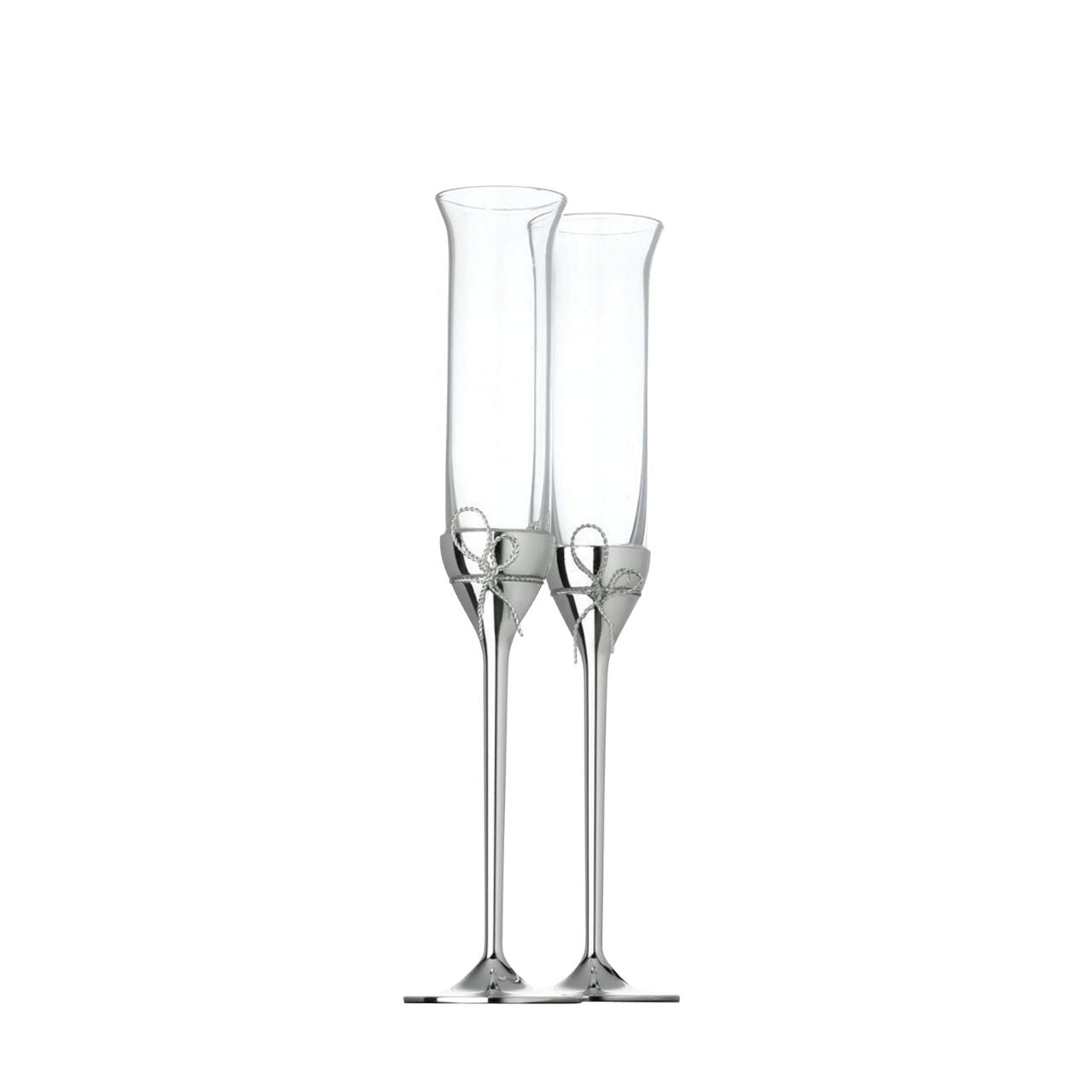 Wedgwood Vera Wang Love Knots Toasting Flutes Pair  Beautiful sterling silver Love Knots characterize the elegant Vera Wang Love Knots collection. A slender profile of fine crystal is offset by a silver-plated base accented with a delicate bow. Raise a toast with these elegant Love Knots Toasting Flutes.