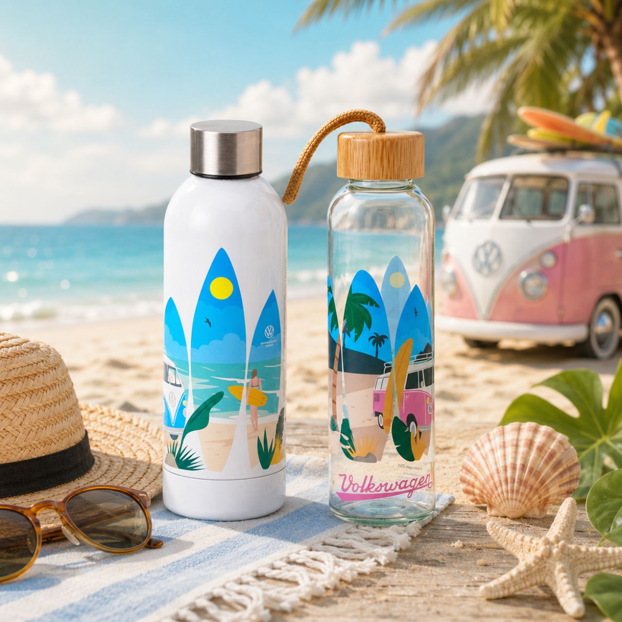 Add some fun to your summer with these Volkswagen VW T1 Camper Bus Waves are Calling 500ml Glass Water Bottle.