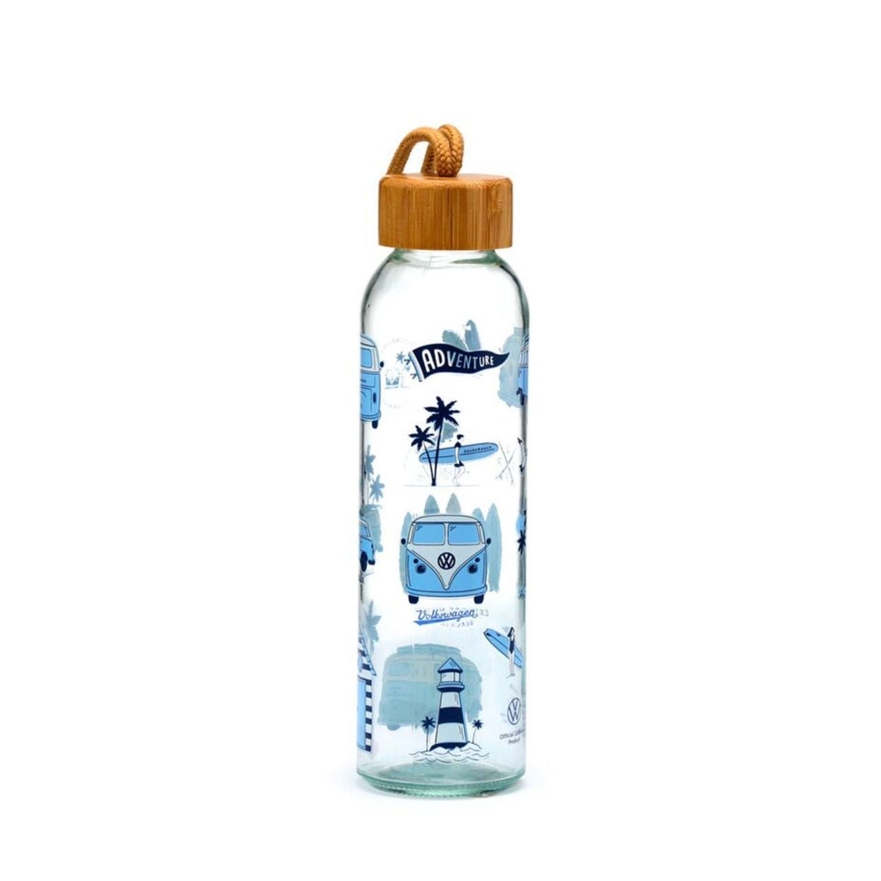 Embrace adventure with the Volkswagen VW T1 Camper Bus Explore More 500ml Glass Water Bottle. Crafted from clear glass, this elegant bottle combines nostalgic design with practical hydration.