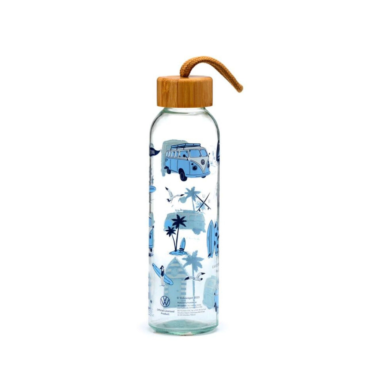 Embrace adventure with the Volkswagen VW T1 Camper Bus Explore More 500ml Glass Water Bottle. Crafted from clear glass, this elegant bottle combines nostalgic design with practical hydration.