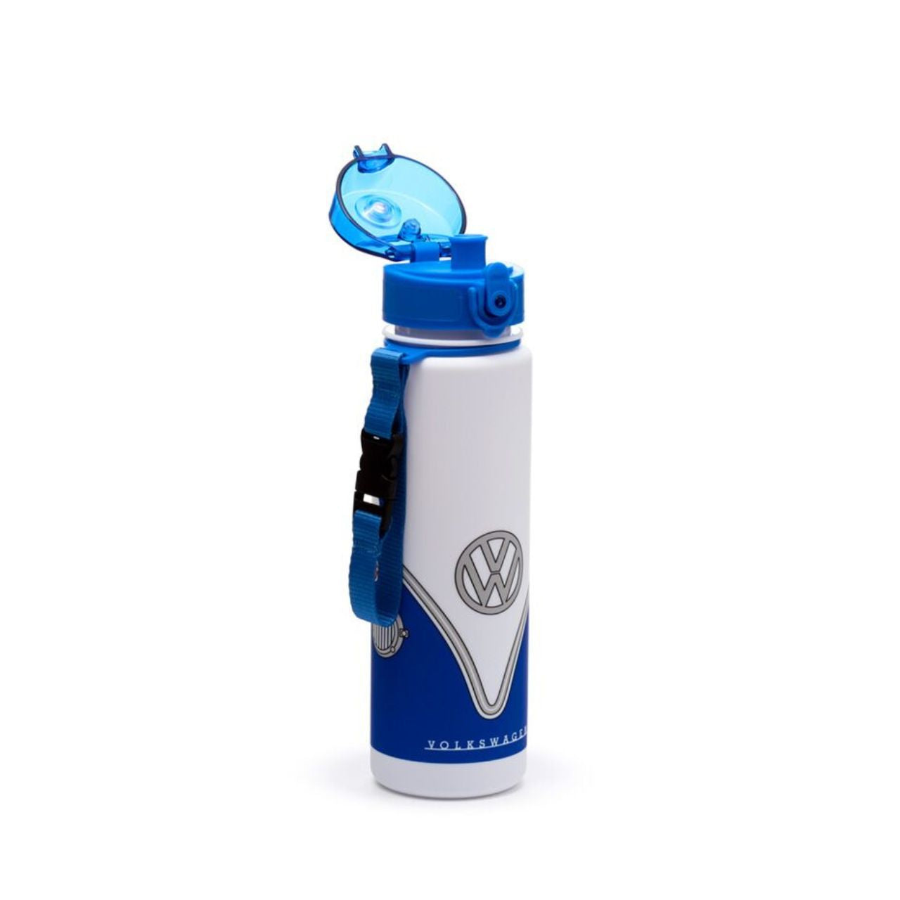 Experience timeless charm with the Volkswagen VW T1 Camper Bus Blue Pop Top 600ml Shatterproof Bottle.