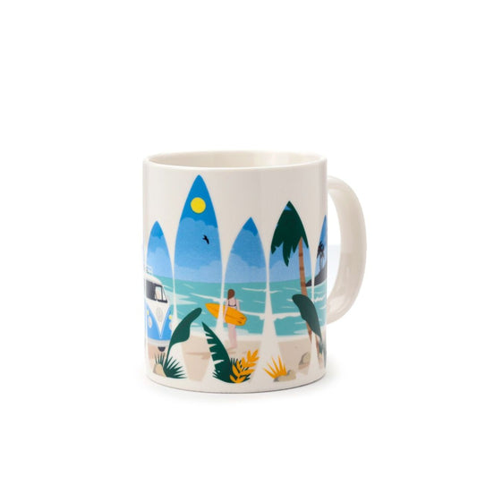Enjoy your favourite beverage in style with the Volkswagen VW T1 Camper Bus Waves are Calling Mug. Crafted from fine porcelain, this elegant mug combines timeless design with a nostalgic nod to classic camper culture.