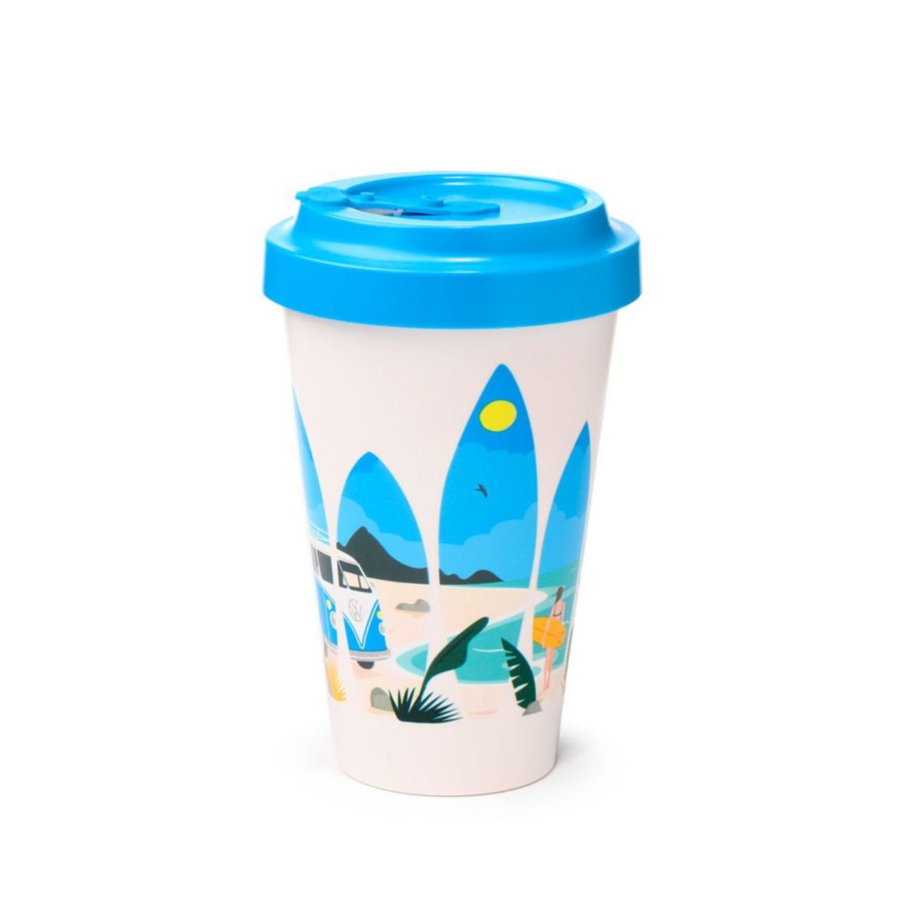 This Volkswagen VW T1 Camper Bus Waves are Calling Travel Mug holds 400ml of your favorite beverage. Its iconic design will transport you to days of carefree travel. Made from durable materials, it is perfect for both adventures and everyday life. Take a sip and hit the road!