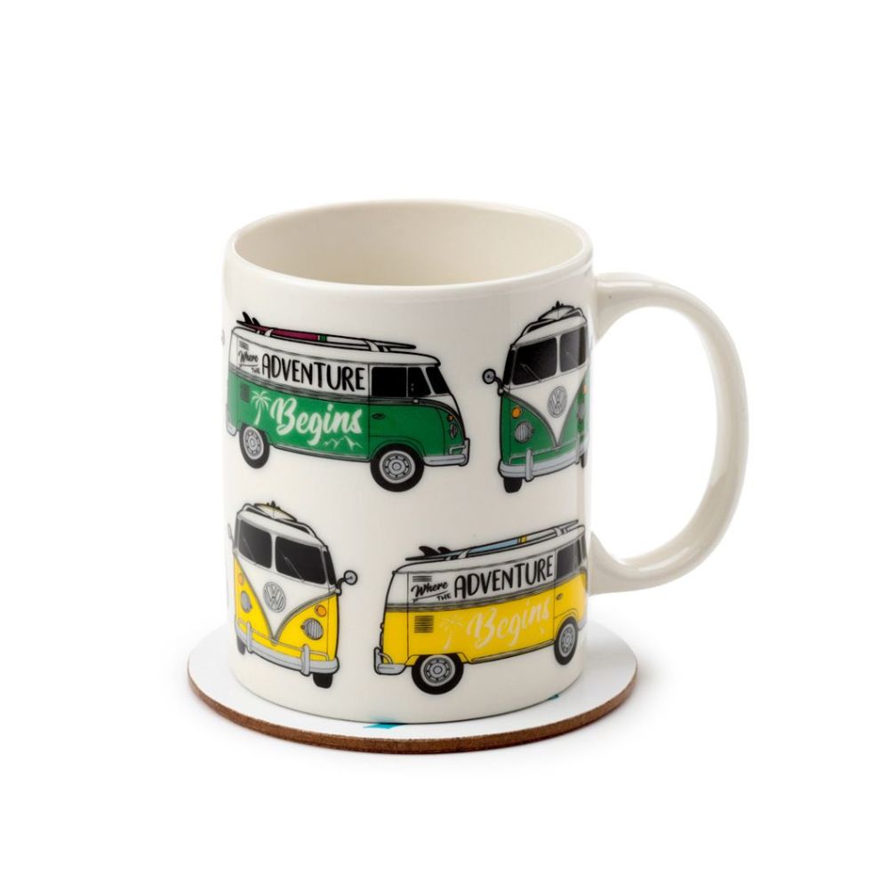 Volkswagen VW T1 Camper Bus Porcelain Mug & Coaster Set Enjoy a hot cup of your favourite beverage with this Volkswagen VW T1 Camper Bus Porcelain Mug & Coaster Set. Crafted from fine porcelain, the intricate VW T1 Camper Bus design is replicated expertly with vibrant colours, providing a unique and stylish addition to your collection. 