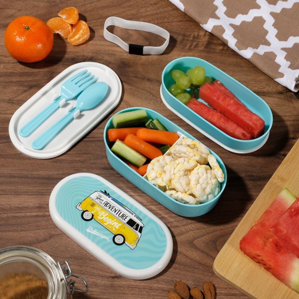 Volkswagen VW T1 Camper Bus Surf Stacked Bento Lunch Box with Cutlery  This iconic Volkswagen VW T1 Camper Bus Bento Lunch Box with Cutlery is perfect for those on the go. It's made of food-grade material and includes two stackable boxes, a fork, and a spoon, providing a convenient and stylish way to enjoy a meal on the road.