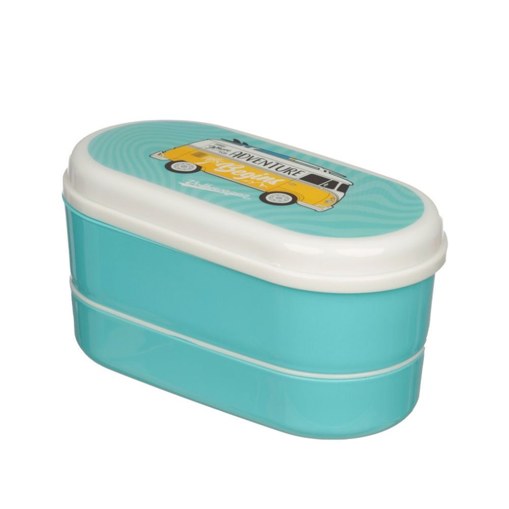 Volkswagen VW T1 Camper Bus Surf Stacked Bento Lunch Box with Cutlery  This iconic Volkswagen VW T1 Camper Bus Bento Lunch Box with Cutlery is perfect for those on the go. It's made of food-grade material and includes two stackable boxes, a fork, and a spoon, providing a convenient and stylish way to enjoy a meal on the road.
