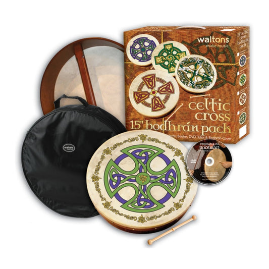 Contains gorgeous 15" Celtic cross bodhrán, beater, DVD tutor &amp; bodhrán cover. Fantastic gift or beginner instrument with all you need to get started.