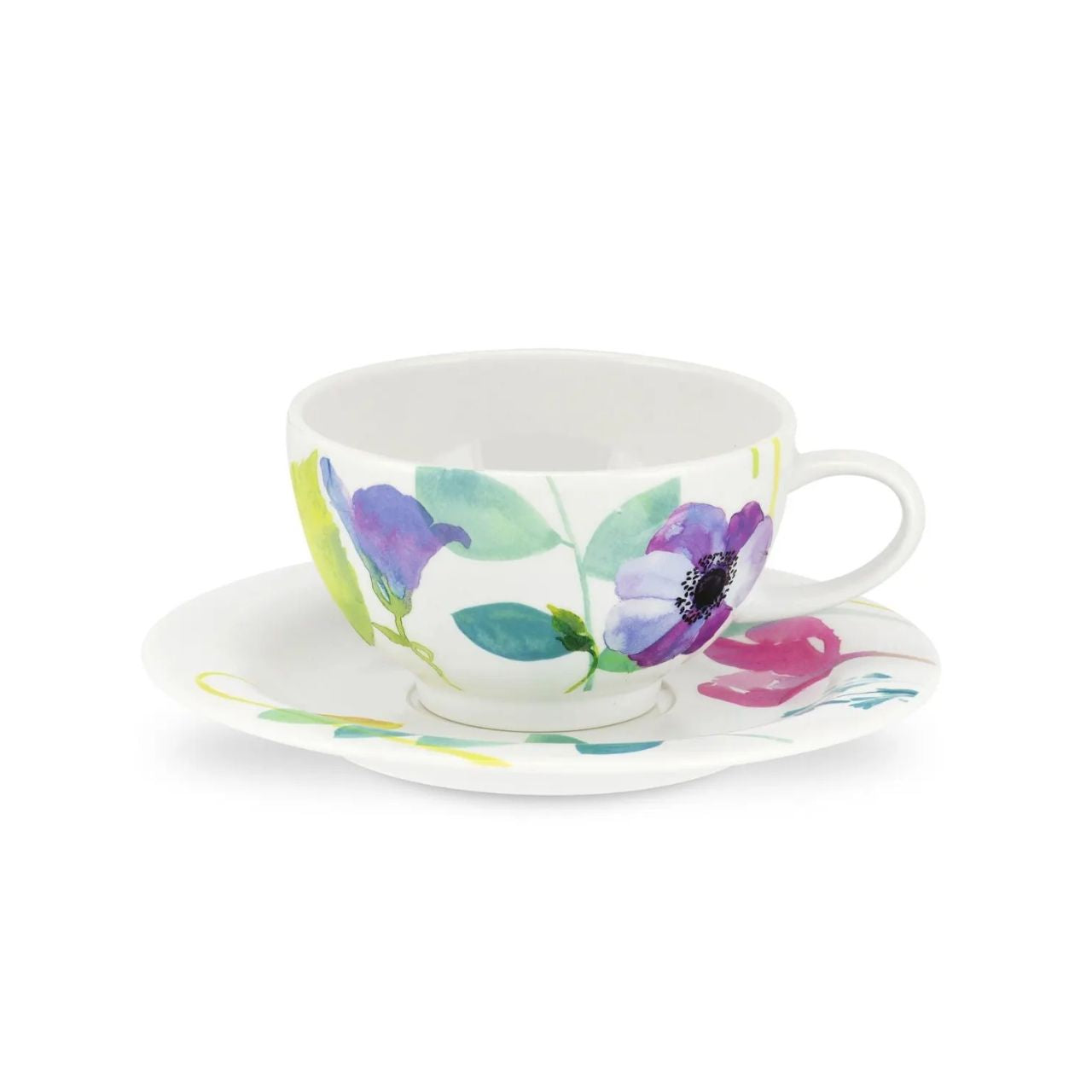 This vibrant, floral breakfast cup and saucer set will brighten up every morning. With a generous capacity, these porcelain cups are decorated with the Water Garden pattern in pretty pastel shades.