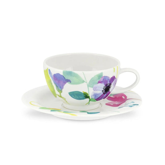 This vibrant, floral breakfast cup and saucer set will brighten up every morning. With a generous capacity, these porcelain cups are decorated with the Water Garden pattern in pretty pastel shades.