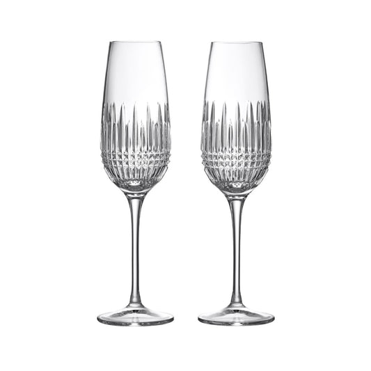 Waterford Lismore Diamond Essence Flute 10.5 oz Set/2  The Lismore Diamond pattern is an enduring reinvention of the Waterford classic; characterised by intricate diamond cuts rendered in radiant fine crystal. The Lismore Diamond Flute Crystal Stemware pair brings brilliance, clarity, and the ring of Waterford to every toast.