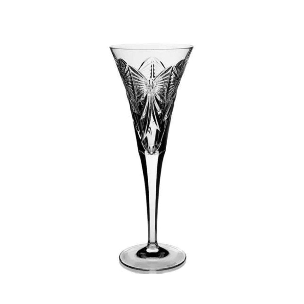 Waterford Crystal Millennium Collection Toasting Flutes - Happiness  The collection was started in 1995. Each year a set of two flutes dedicated to one of the universal toasts was made available. The first flute was Happiness, engraved with a bow, the next Love, with a heart, then Health with a sunburst, Prosperity with a wheat sheaf and Peace with a dove.