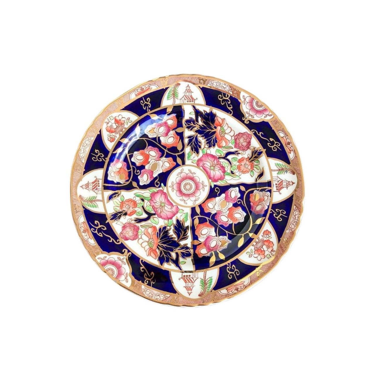 This stunning PENANG Pattern plate was Made in England by Mason's Ironstone. It measures 27 cm diameter (10.5"), and is hand painted in rich dark blue with pink and brown flowers and pagodas in the border. There is lots of gilding, all edged in gold. The plate has the painter's marks on the back, and above.