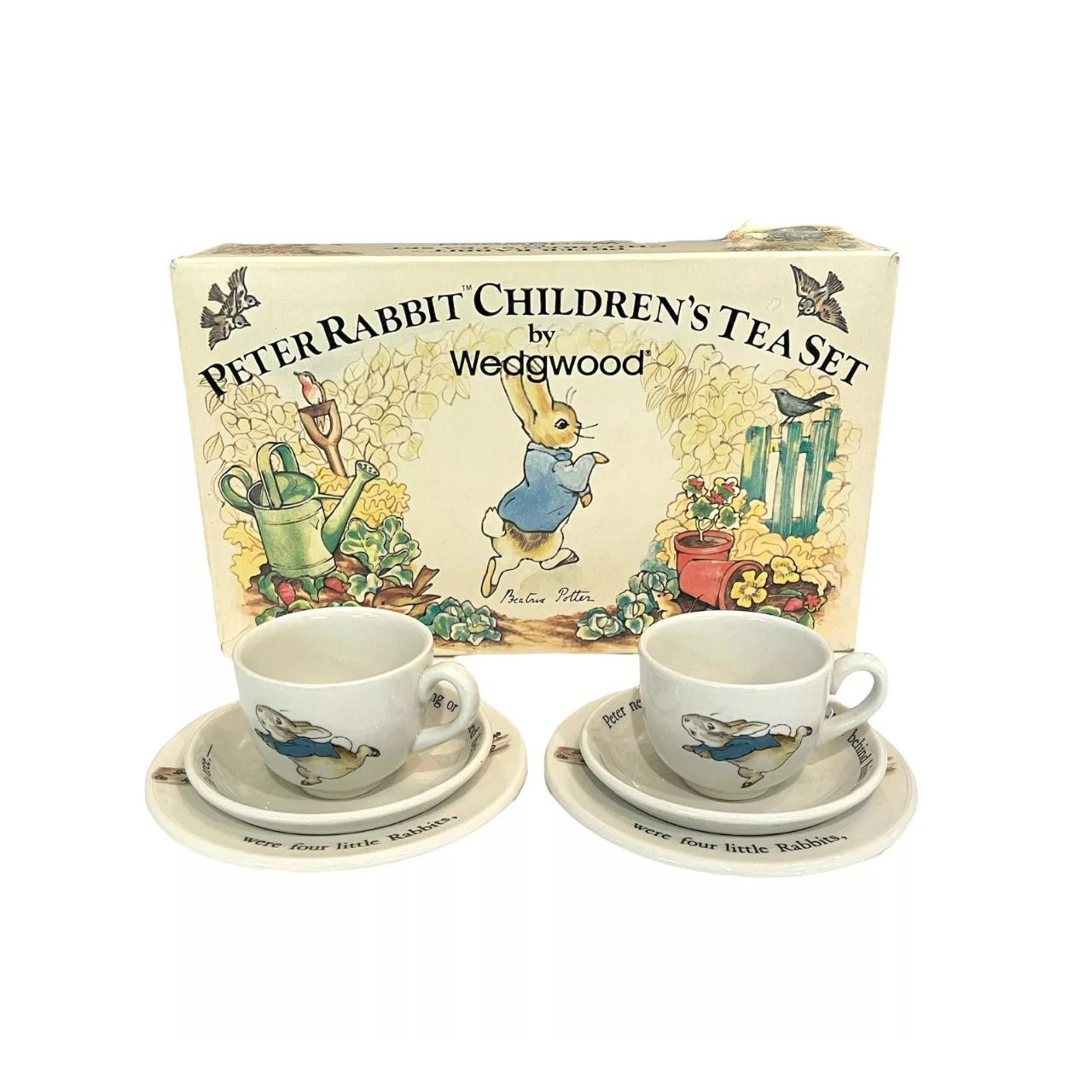 Experience the charm of Beatrix Potter's beloved character, Peter Rabbit, with our Vintage porcelain Children's Tea Set by Wedgwood. This 6 piece set includes a 2 Plates, 2 Teacups & 2 Saucers, all adorned with delicate illustrations and crafted with renowned Wedgwood quality.